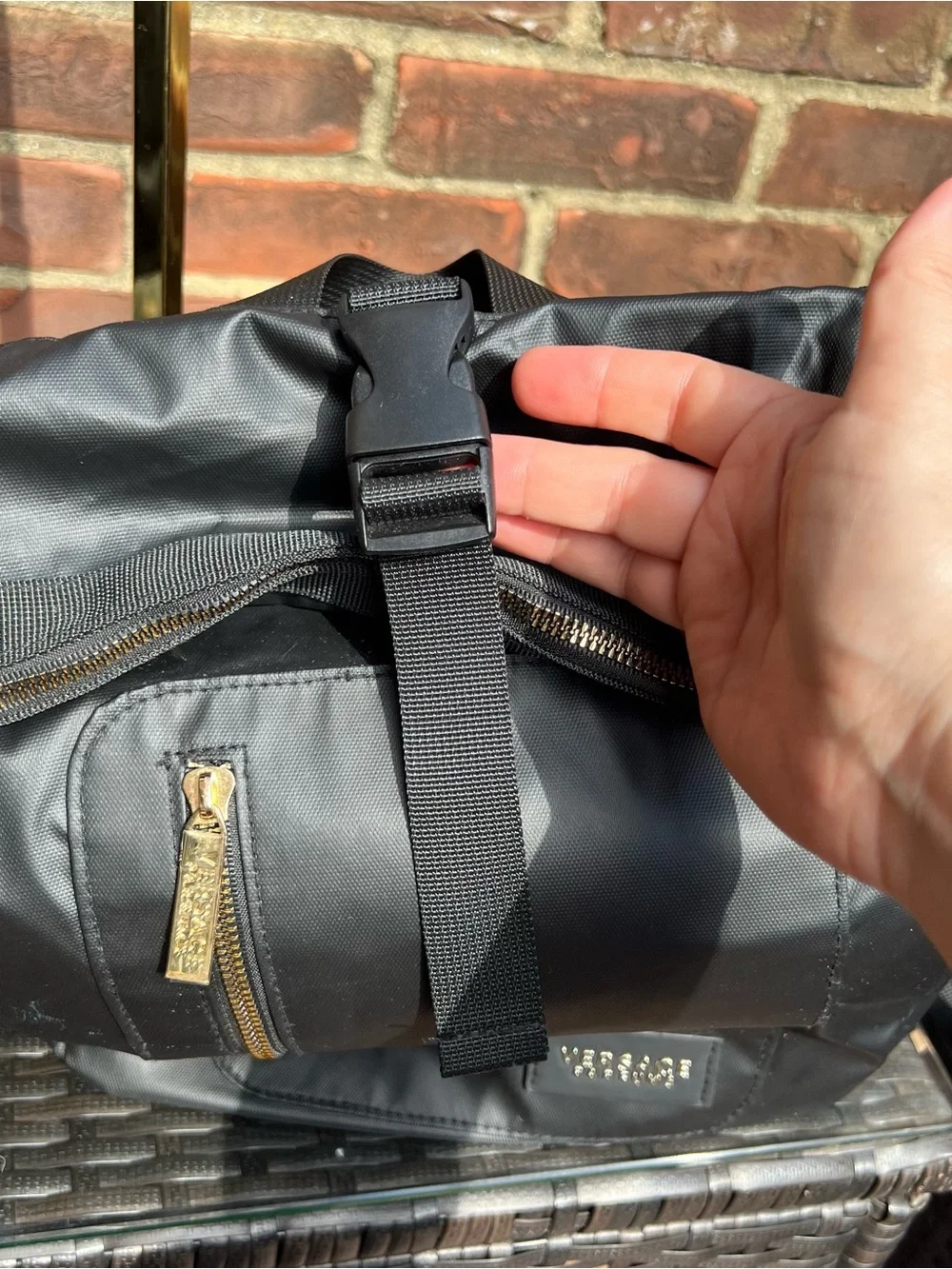 Versace Parfums Convertible Black Nylon Backpack Gold Accents Luxury Unisex